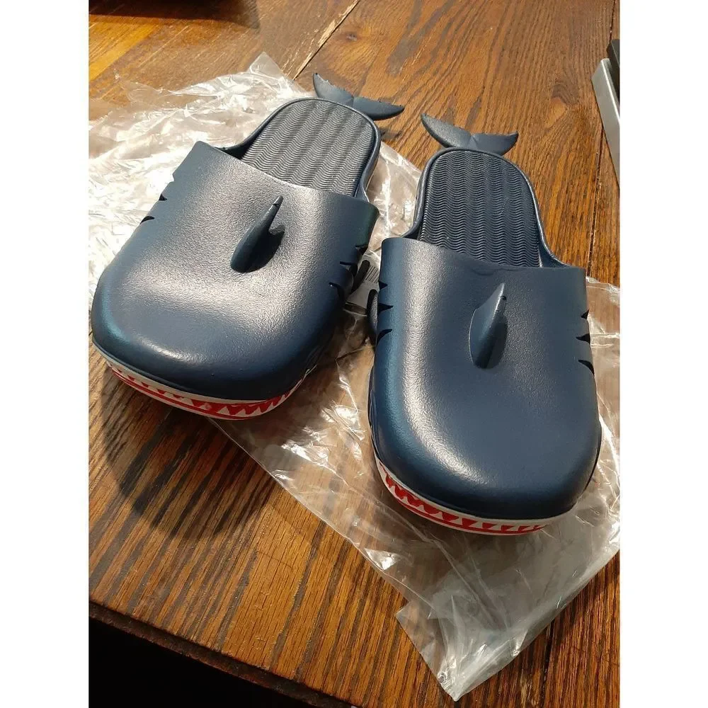 New M8.5/9.5 W10/11 Blue Shark Outdoor Pool Beach Slides Sandals Water S…